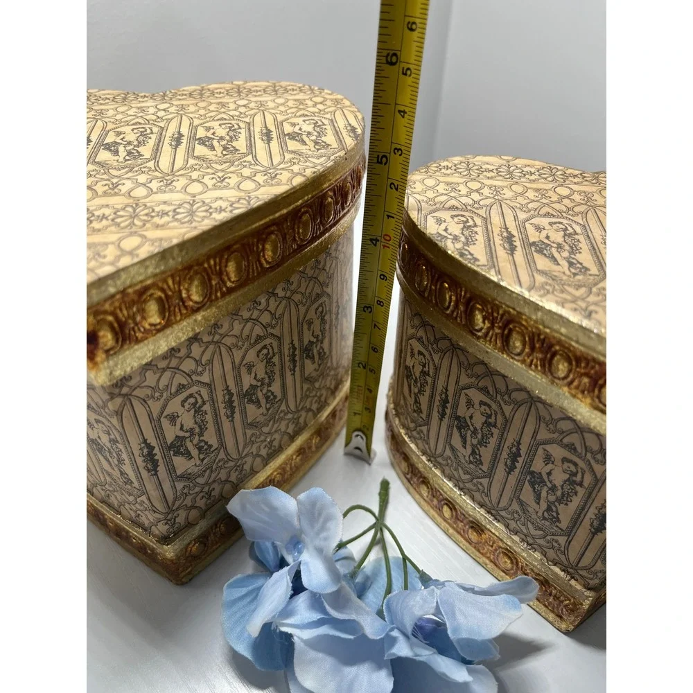 Vintage Heart Shaped‎ Decorative cardboard Gift Boxes Set Gold Trim Ornate